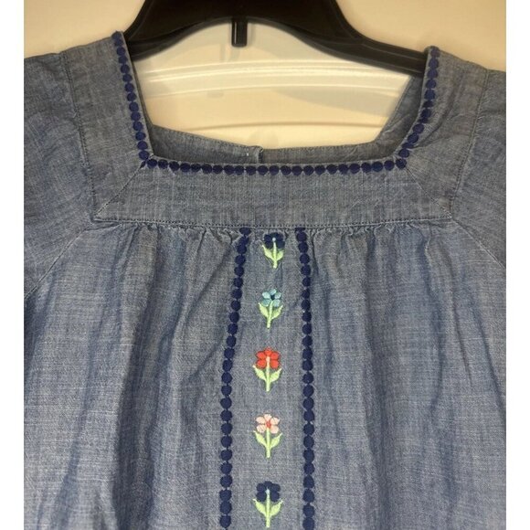 J Crew Crewcuts Girls Blue Chambray Puff Sleeve Embroidered Floral Dress Sz 8 - Picture 2 of 10